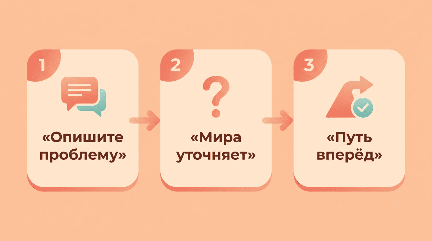 Три этапа сессии с Мирой: опишите проблему, Мира уточняет, путь вперёд