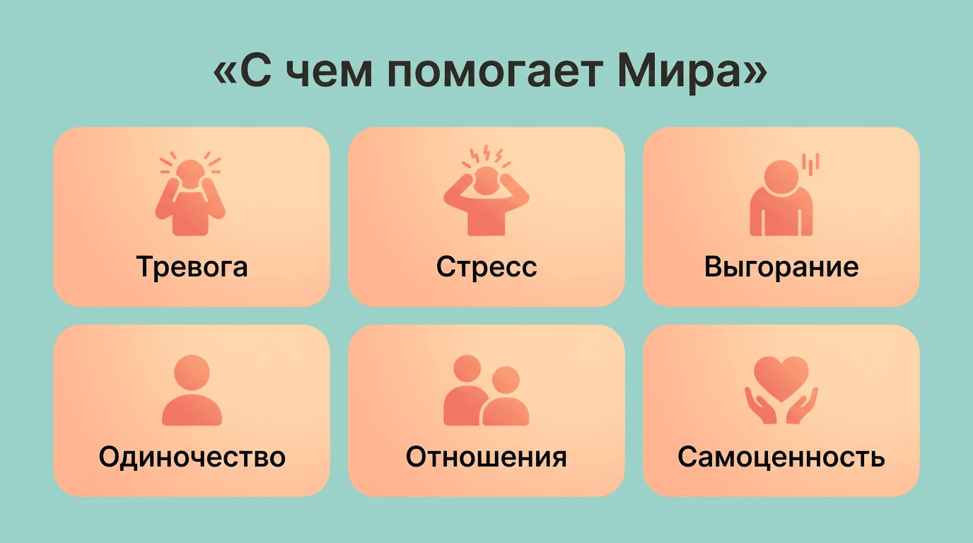 С чем помогает Мира: тревога, стресс, выгорание, одиночество, отношения, самоценность