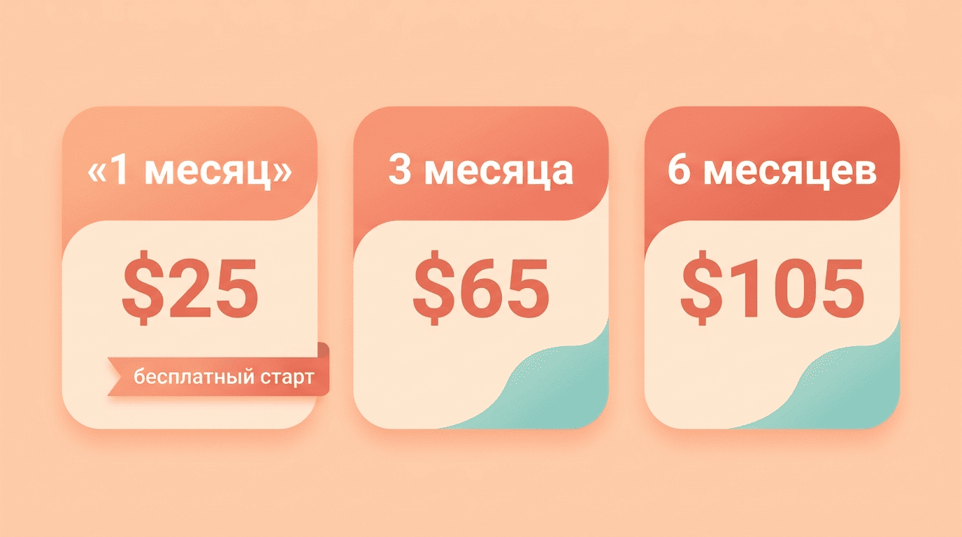 Тарифы Миры: 1 месяц 25 долларов, 3 месяца 65, 6 месяцев 105, бесплатный старт