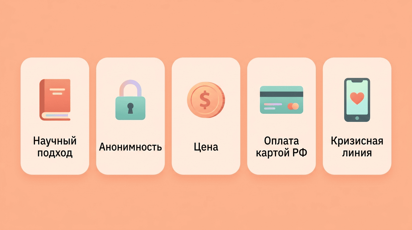 Инфографика из пяти критериев выбора ИИ-психолога: научный подход, анонимность, цена, оплата картой РФ, кризисная линия