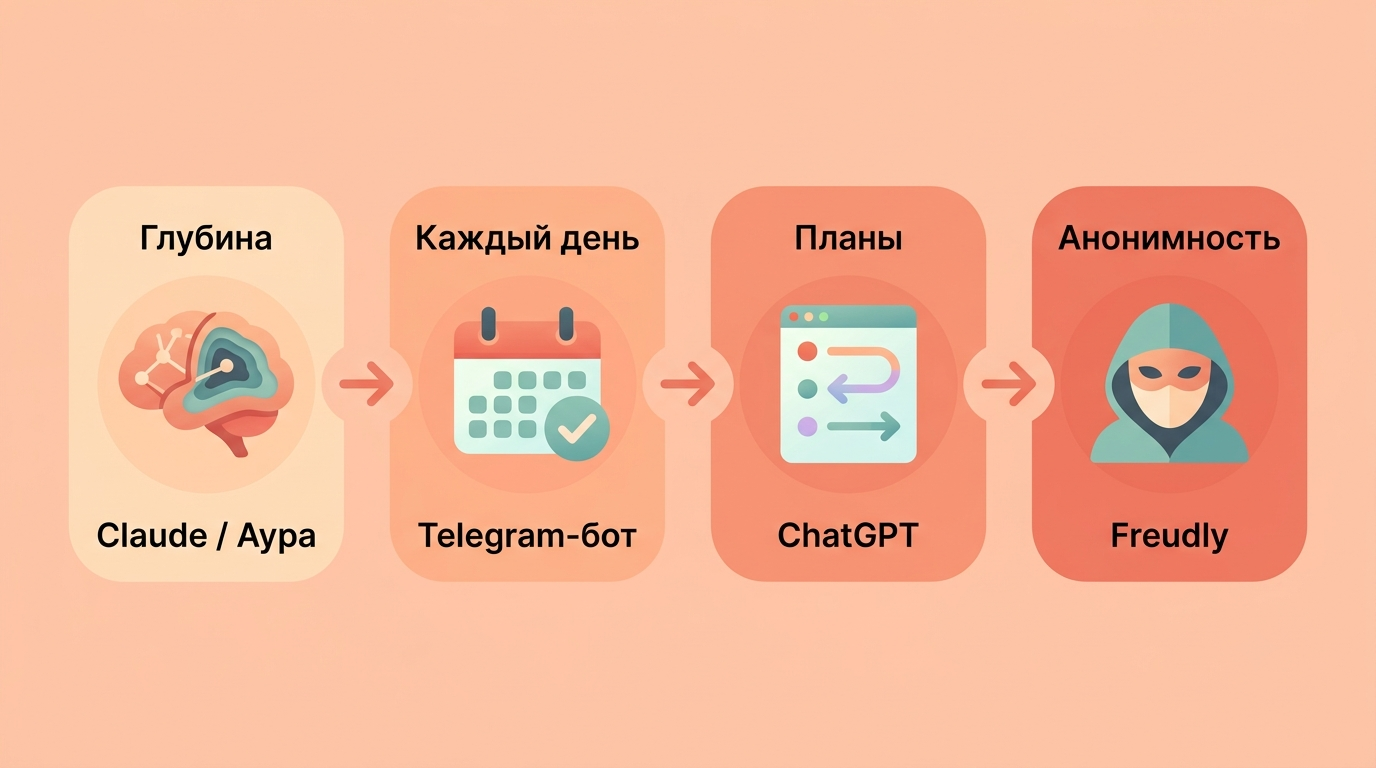 Схема подбора ИИ-психолога под задачу: глубина, ежедневная поддержка, планы, анонимность