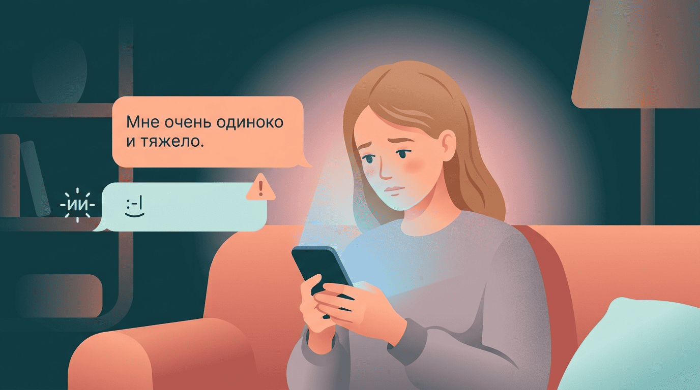 Человек ночью один на один с чат-ботом, который не распознал кризис