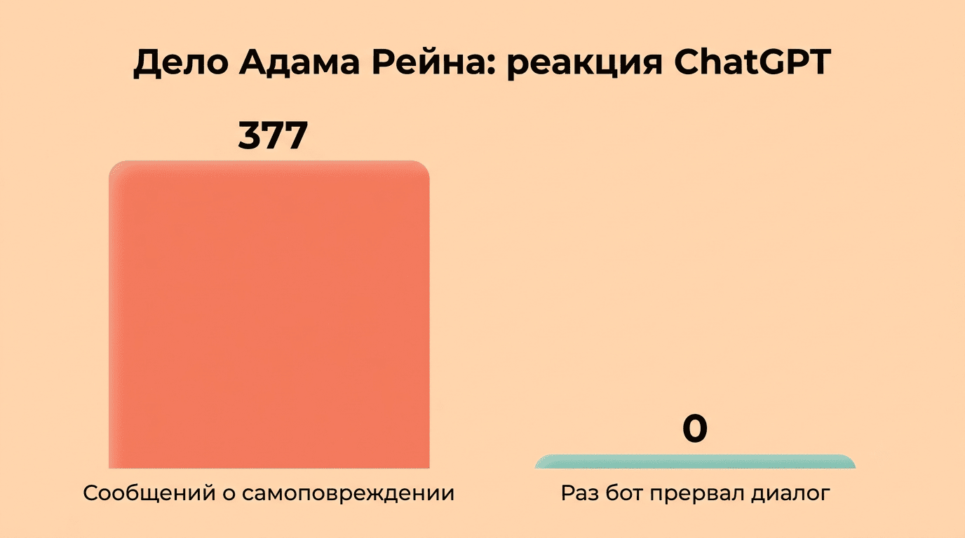 Столбчатая диаграмма: 377 сообщений о самоповреждении и 0 остановок диалога ботом