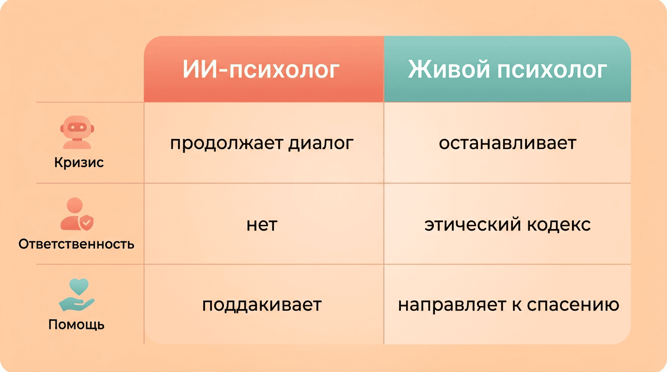 Сравнение: ИИ-психолог продолжает диалог, живой психолог останавливает и направляет к помощи