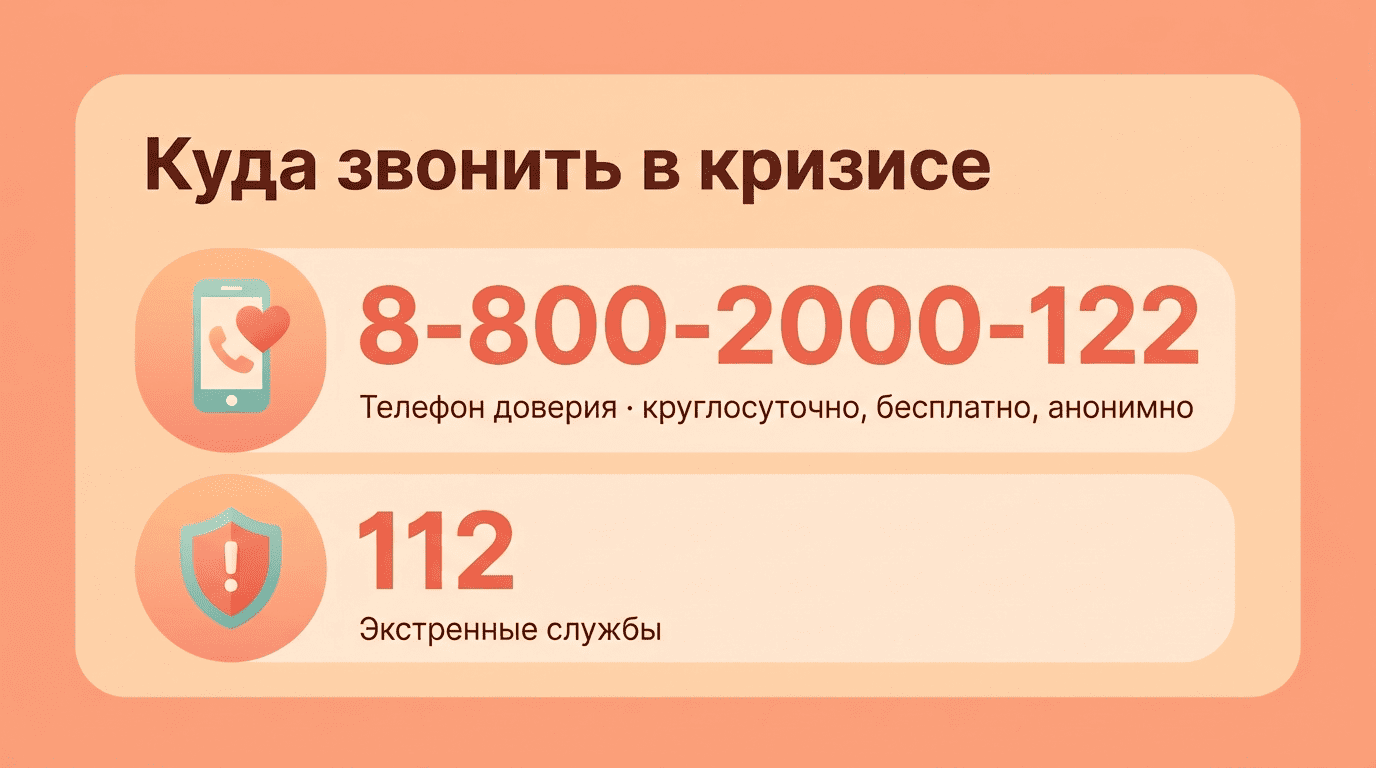 Карточка кризисной помощи: телефон доверия 8-800-2000-122 и служба 112