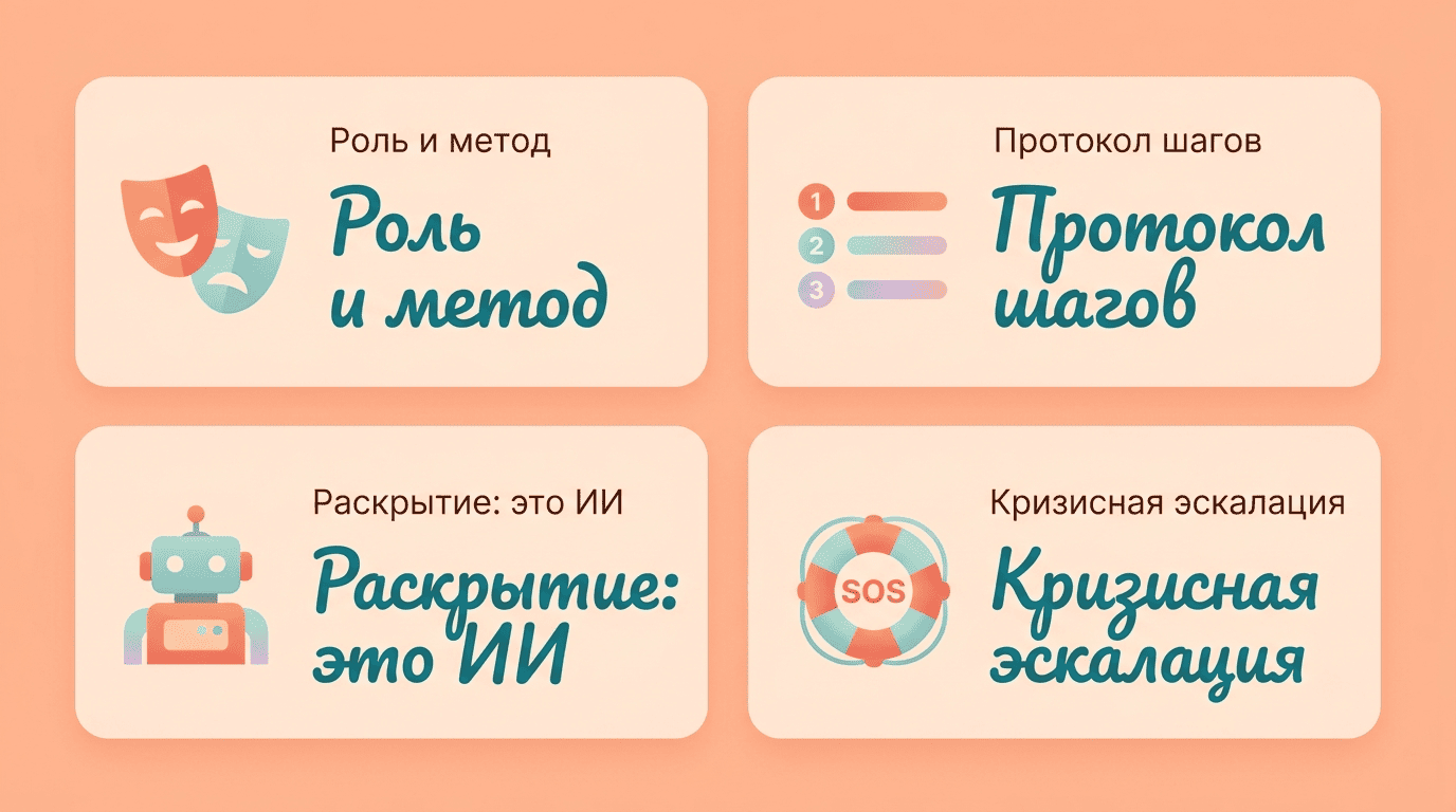 Четыре элемента рабочего промпта: роль и метод, протокол шагов, раскрытие ИИ, кризисная эскалация