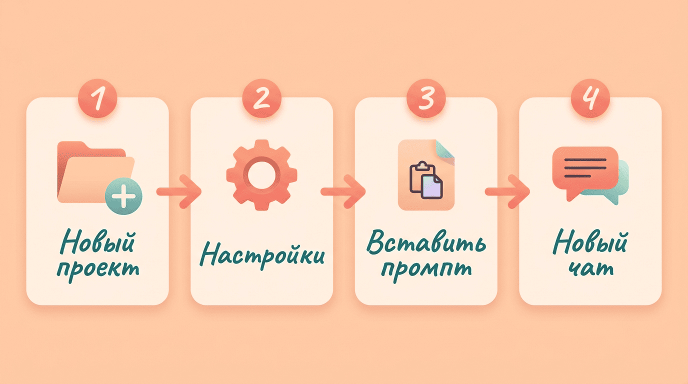 Четыре шага сохранения промпта в проекте ChatGPT: новый проект, настройки, вставить промпт, новый чат