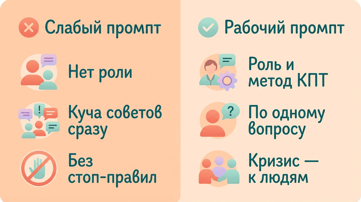 Сравнение слабого и рабочего промпта для ИИ-психолога