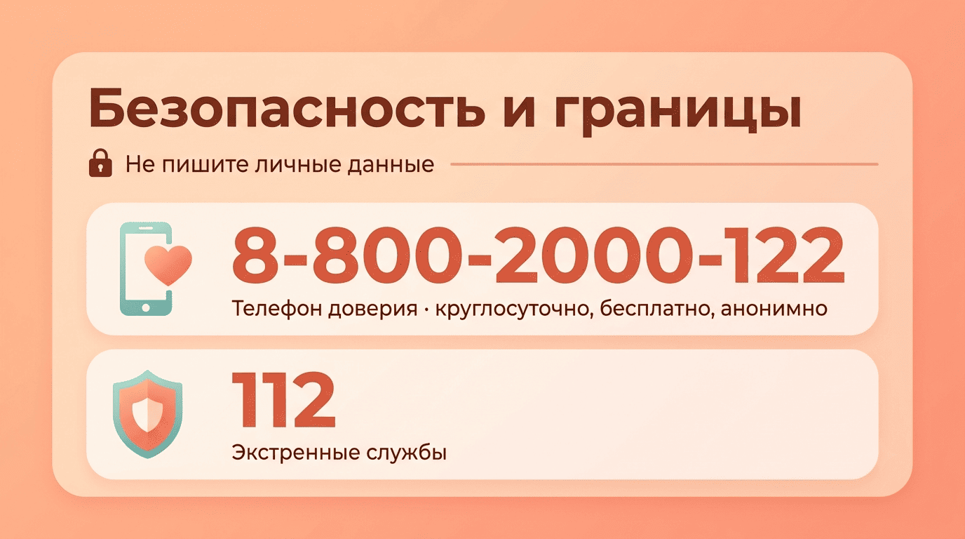 Безопасность: не писать личные данные, телефон доверия 8-800-2000-122 и 112