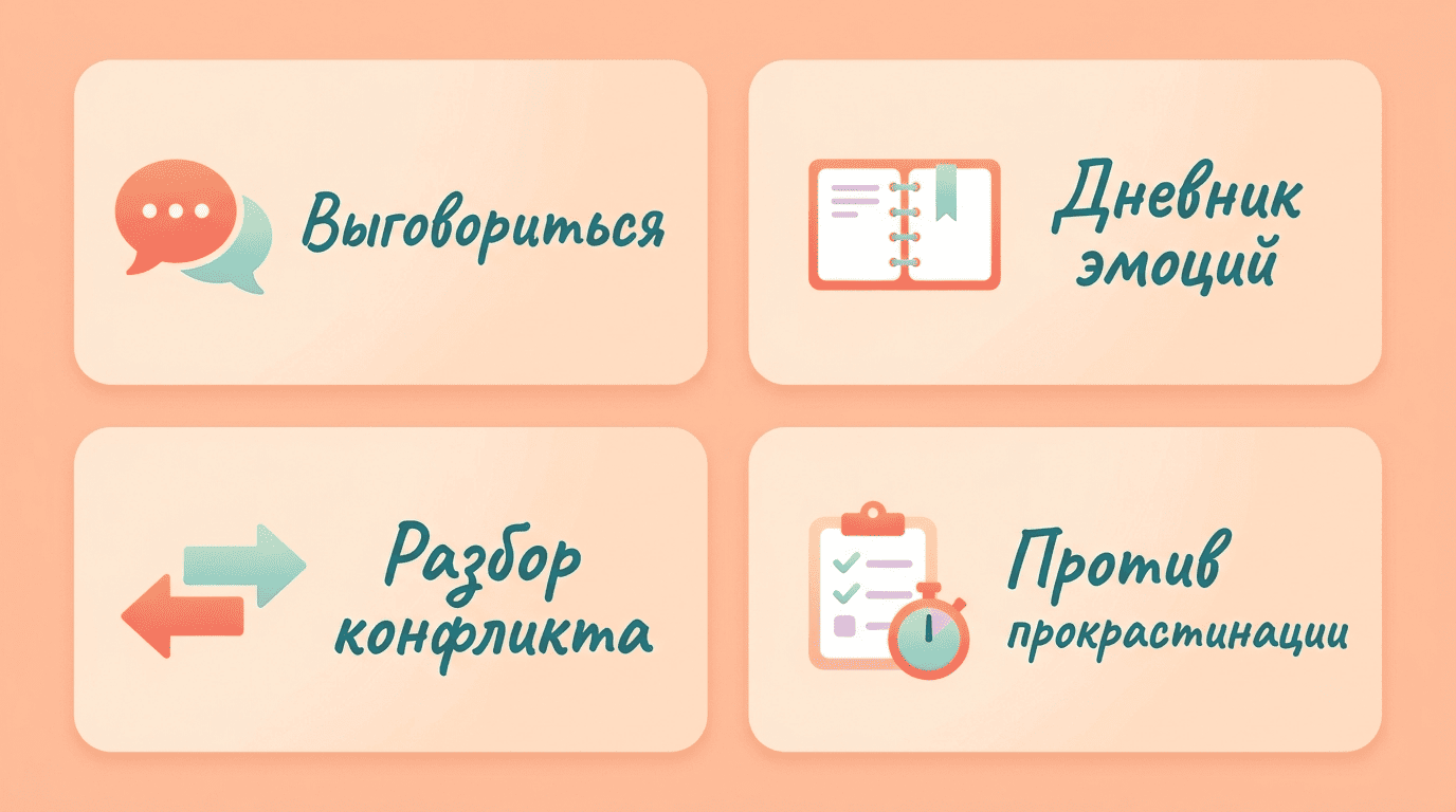 Четыре вариации промпта: выговориться, дневник эмоций, разбор конфликта, против прокрастинации
