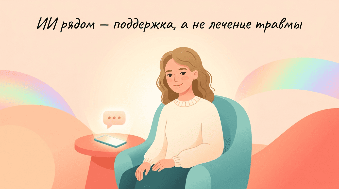 Мия рядом с человеком, восстанавливающимся после травмы, и смартфон с чат-поддержкой — ИИ как опора, но не лечение