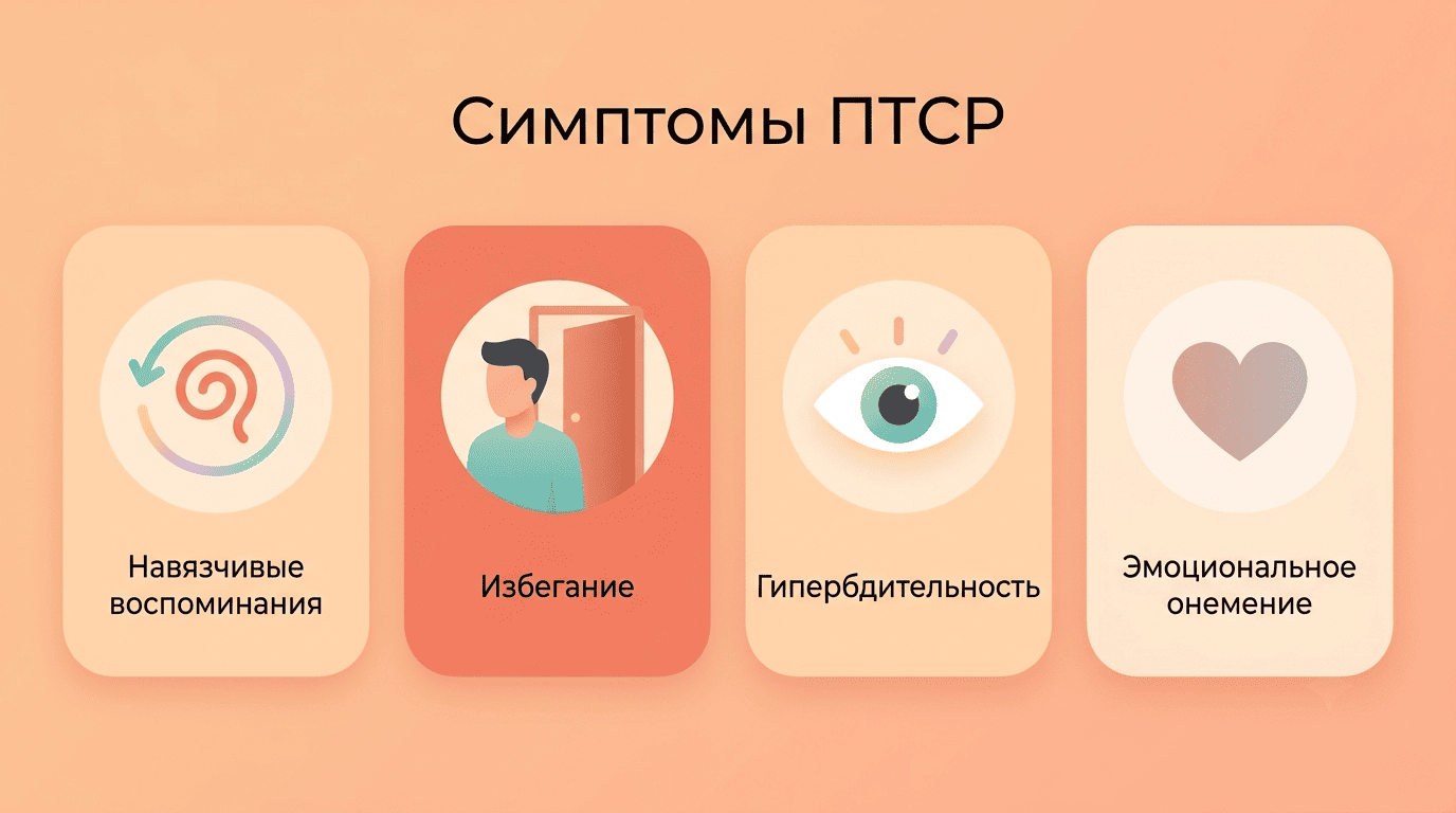 Четыре кластера симптомов ПТСР: навязчивые воспоминания, избегание, гипербдительность, эмоциональное онемение