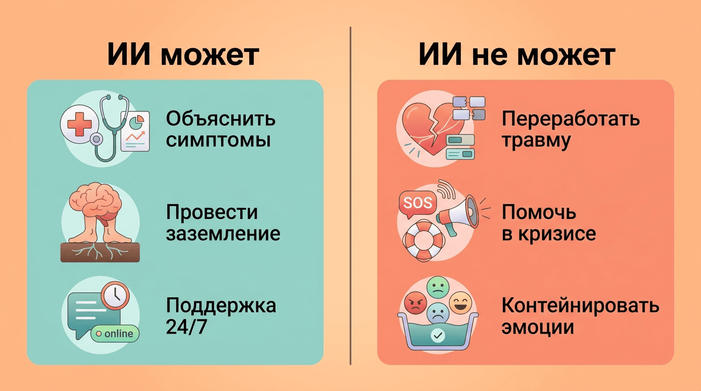 Сравнение возможностей ИИ при ПТСР: что он может (объяснить симптомы, заземление, поддержка 24/7) и чего не может (переработать травму, помочь в кризисе, контейнировать эмоции)