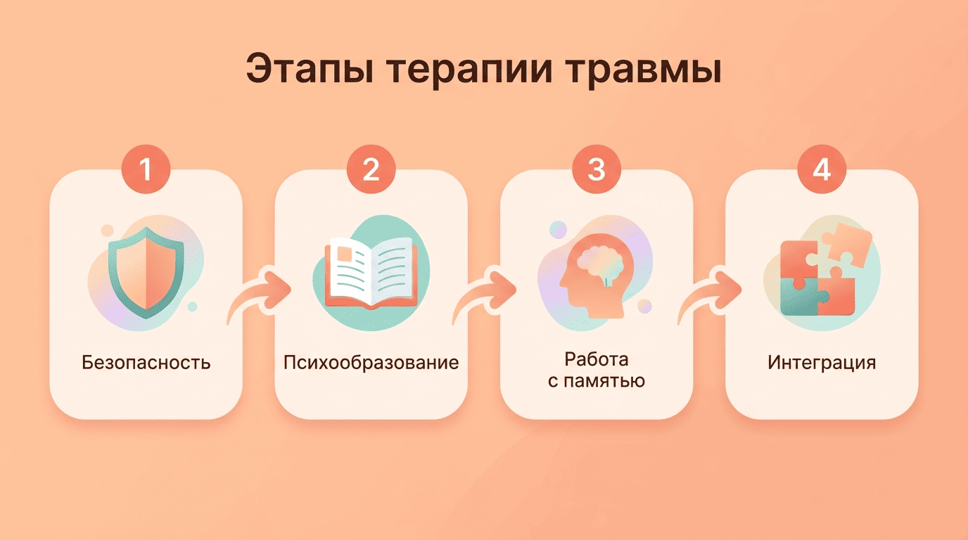 Четыре этапа терапии травмы: безопасность и стабилизация, психообразование, работа с памятью, интеграция опыта