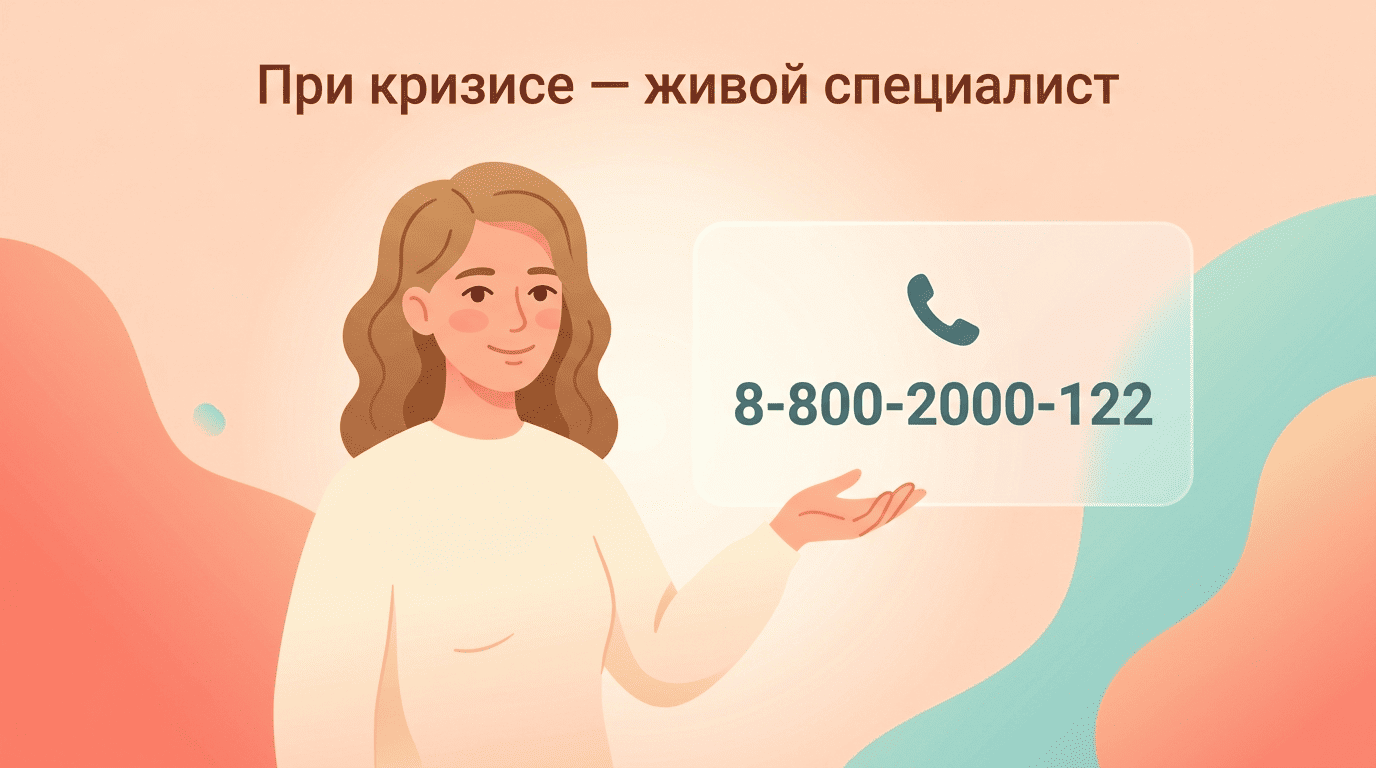 Мия указывает на карточку с телефоном доверия 8-800-2000-122 — при кризисе нужен живой специалист