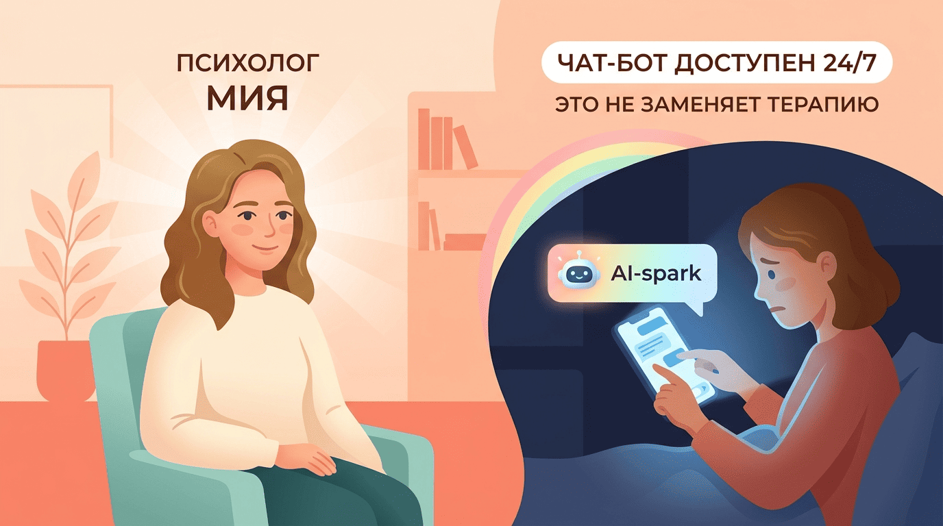 Психолог Мия и человек с телефоном ночью: ИИ-чат-бот доступен 24/7, но не заменяет терапию