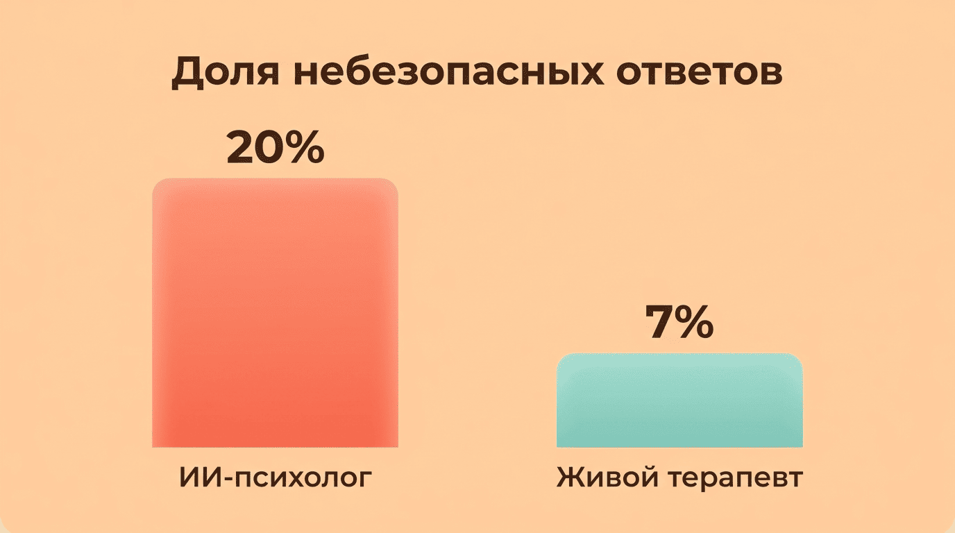 График доли небезопасных ответов: ИИ-психолог 20%, живой терапевт 7%