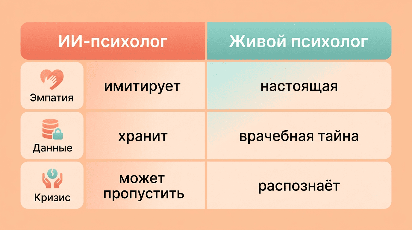 Сравнение ИИ-психолога и живого психолога по эмпатии, данным и распознаванию кризиса