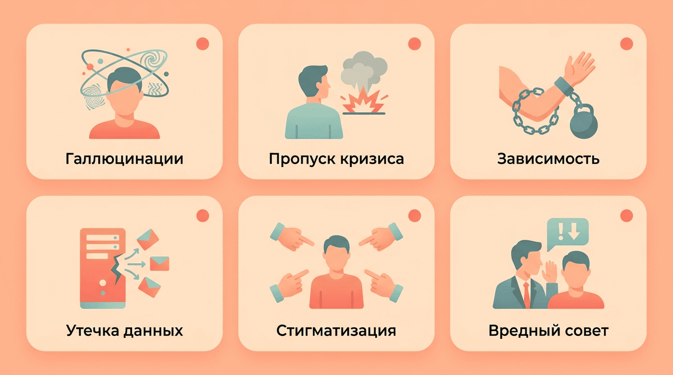 Шесть рисков ИИ-психолога: галлюцинации, пропуск кризиса, зависимость, утечка данных, стигматизация, вредный совет