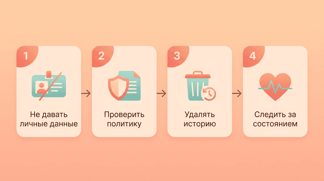 Четыре шага безопасного использования ИИ-психолога: не давать личные данные, проверить политику, удалять историю, следить за состоянием