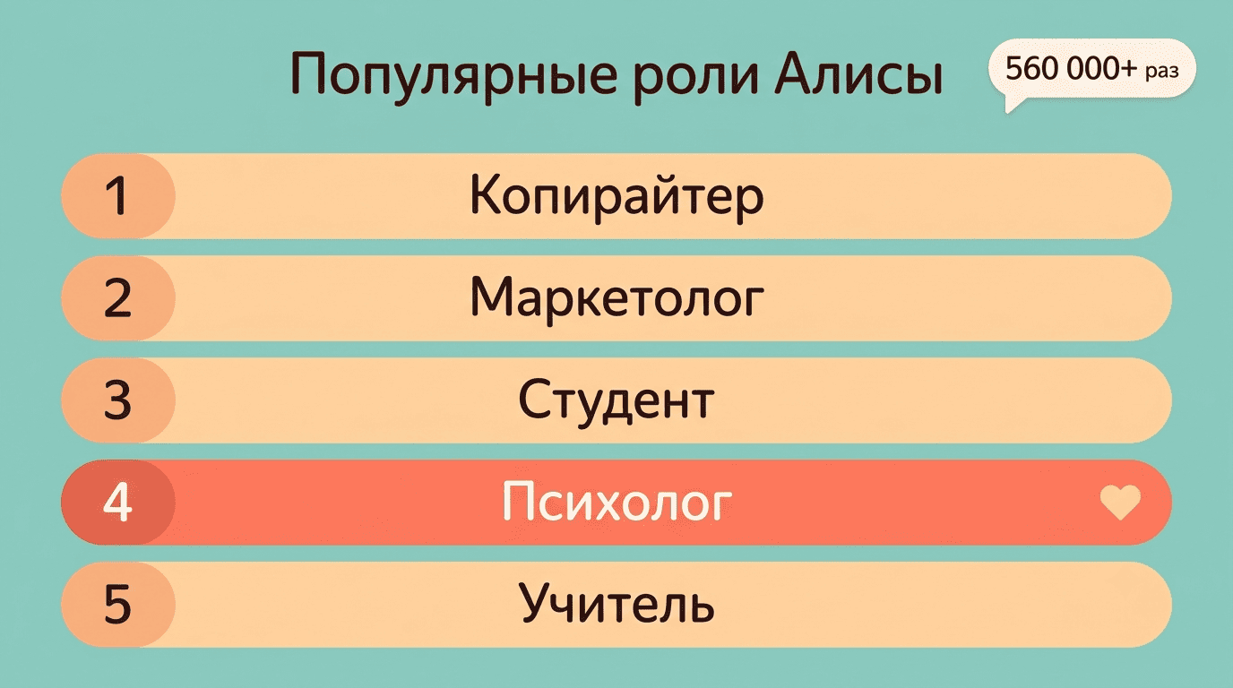 Топ-5 популярных ролей Алисы, психолог на четвёртом месте