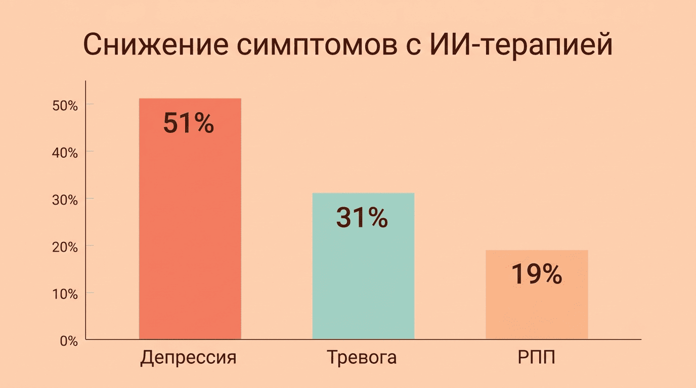 Столбчатый график снижения симптомов при ИИ-терапии: депрессия 51%, тревога 31%, РПП 19%